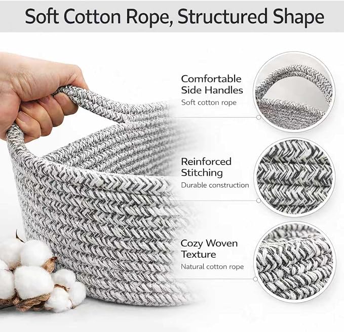 GIFTEXPRESS Gray Woven Basket - 15" x 10" x 5" Cotton Rope Organizing Baskets for Baby Items or Cat & Dog Toys - Cute Soft Gift Storage Bin w/Handles