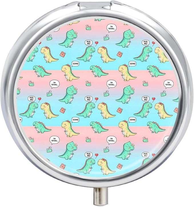 Round 3 Compartment Metal Pill Box Cute Dinosaurs Hug Me, Cute Portable Organizer for Purse Pocket Travel Medication