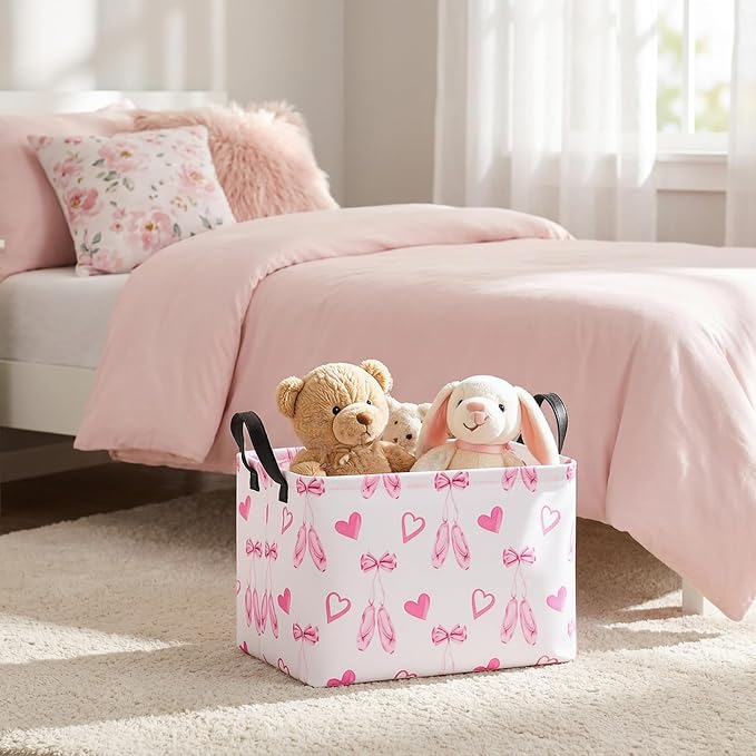 Pink Bow and Heart Storage Basket,Foldable Girls Room Toy Bin with Handles | Foldable basket with coated lining and leather handles for toys,laundry,gifts and girls room organization