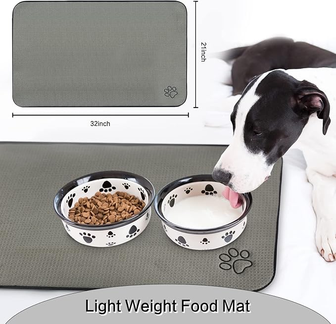 SINLAND Microfiber Extra-Large Pet Food Mat Dish Drying Mat Dog Feeding Mats Pet Bowl Mat with Anti-Skid Backing 21Inch x 32Inch Grey