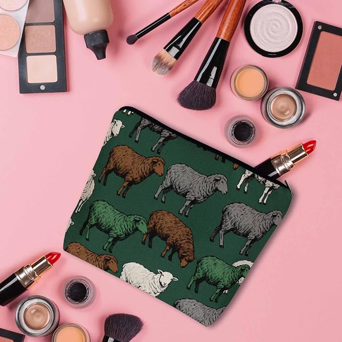 Women Cosmetic Bag Sheep, Farm Animal Sheep Cute Makeup Bag For Purse Cosmetic Travel Bag For Toiletries Makeup Storage Bag Flax Skincare Bag Make Up Pouch Bags Green