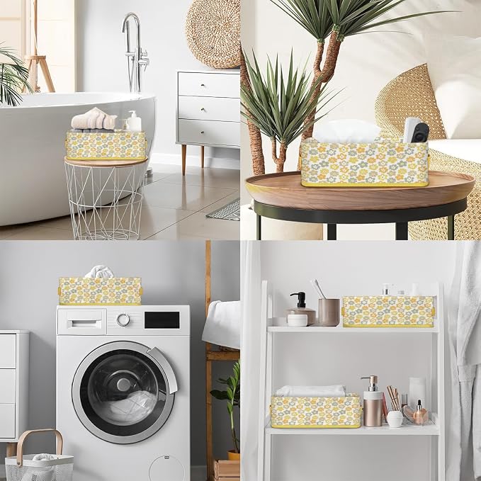 Daisy Fresh Flowers Bathroom Storage Basket, Foldable with Handle Open Countertop Paper Towel Decorative Box, Toilet Tank Top Shelf Baskets for Home Closet Bedroom Living Room Office