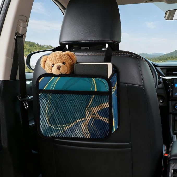 Car Back Seat Organizer Auto Headrest Backseat Storage Bag, Gold Turquoise | Green Navy Blue Wave Marble, Vehicle Trash Bag Can with Mesh Pocket, Waterproof Pu Leather Interior Accessories