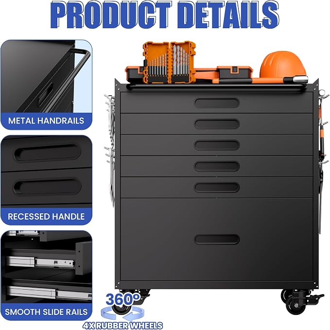 Metal Mobile Tool Storage Cabinet with 6 Drawers,Black | Heavy Duty Rolling Tool Cabinets for Garage,Metal Storage Cabinets with Wheels,Assembly Required