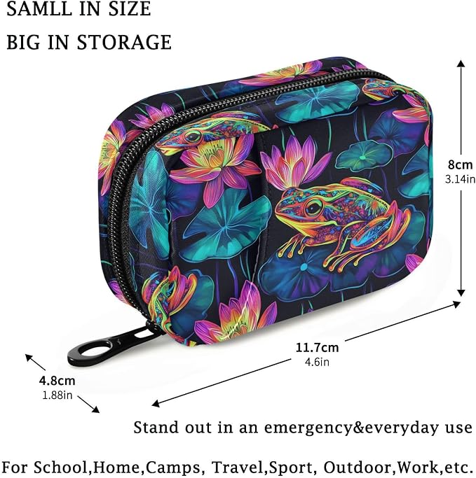 Fustylead Neon Frog and Lily Pads on Black Background Travel Pill Organizer Bag with Zipper Small Pill Box 7 Day Pill Case for Purse Storage Weekly Vitamin Medicine Supplement