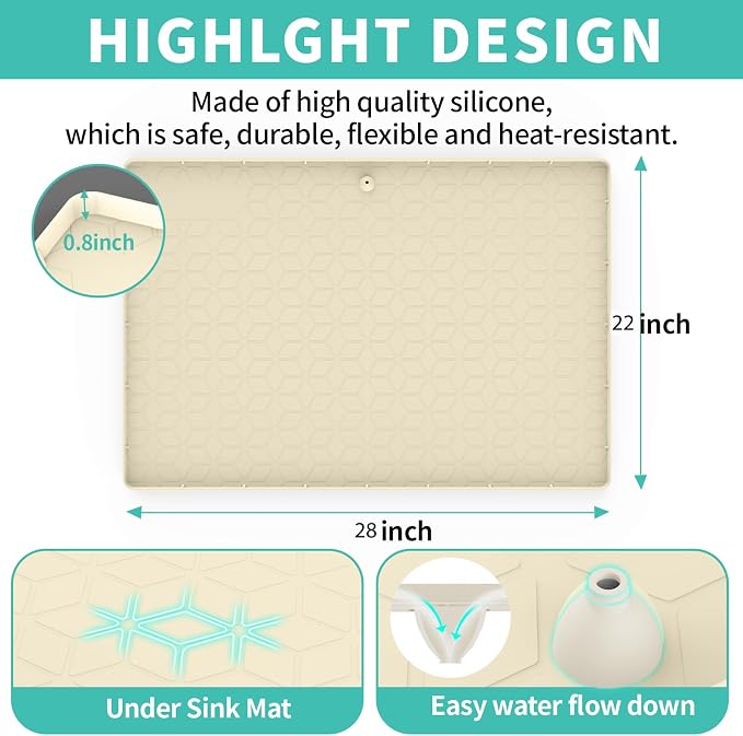 Under Sink Mat, 28"x22" Under Sink Mats for Kitchen, Silicone Waterproof Under Sink Liner, Sink Cabinet Organizer Tray with Drain Hole