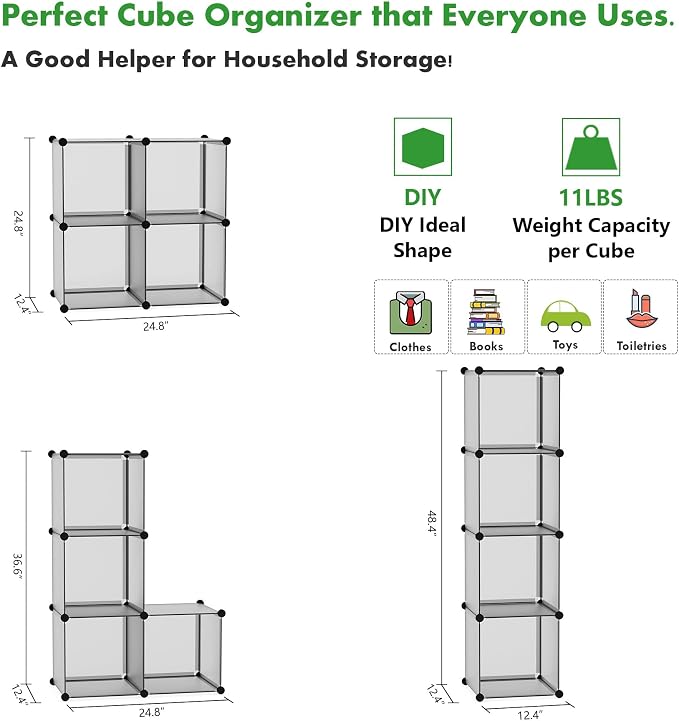 C&AHOME Plastic Cube Storage Organizer, 4-Cube Shelves Units, Grey | DIY Modular Bookshelf, Portable Closet Organizers and Storage Ideal for Bedroom, Office, 24.8" L x 12.4" W x 24.8" H
