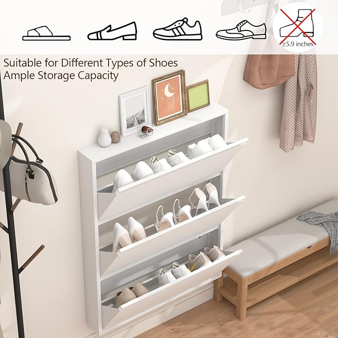 GREATMEET Shoe Rack for Closet, Slim Wall Mounted Metal Cabinet with 3 Flip Drawers, Steel Hidden Shoe Cabinet Storage for Entryway, Modern Narrow Shoe Organizer Cabinet for Mudroom, Hallway, White