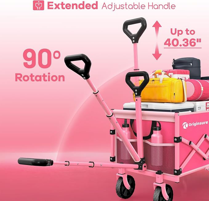 Originsure 110L Portable Collapsible Wagon Cart, 360lbs Heavy Duty, Pink | All-Terrain Wheels,Solid Steel Frame,Adjustable Handle,Compact&Space-Saving,Utility for Camping,Sports,Grocery,Garden