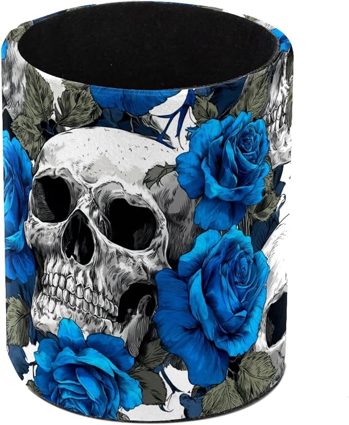 Faux Leather Pen Holder for Desk, Pencil Organizer Skull Pen Cup Desk Decor Makeup Brush Holder Storage for Office Home