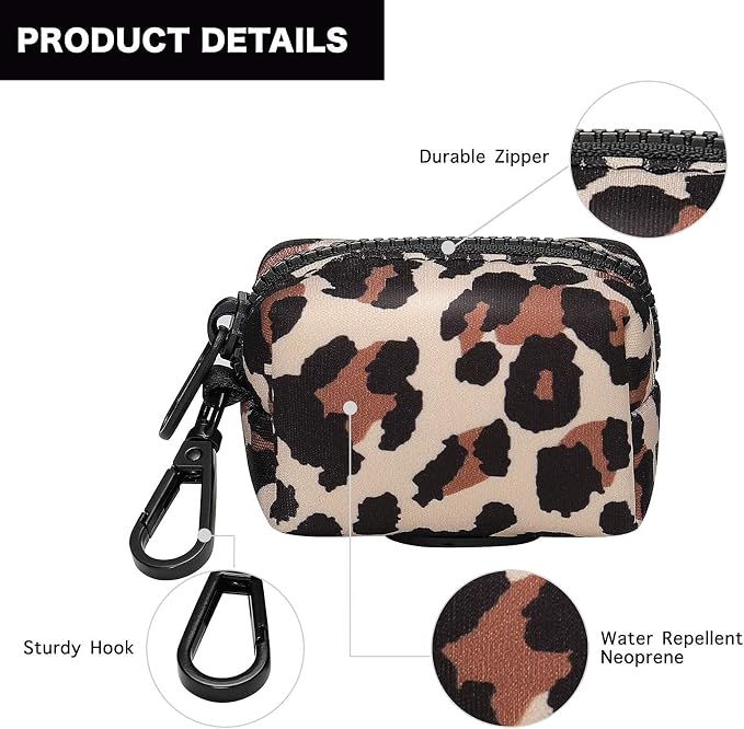Petmolico Dog Poop Bag Holder Dispenser 2 Pack, Leopard | Zippered pouch fits any leash, includes free roll of bags, lightweight & portable for daily walks, travel & outdoor use