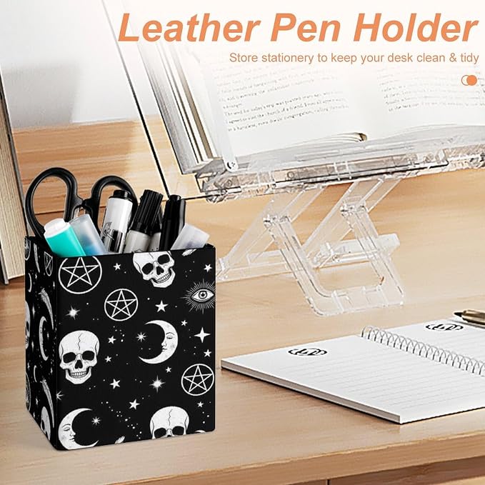 Pen Pencil Holder for Desktop, Pu Leather Stationery Organizer Goth Raven Crow Skull Moon Star Gothic Witch Eyes Square Pencil Cup Office Accessories Container Box