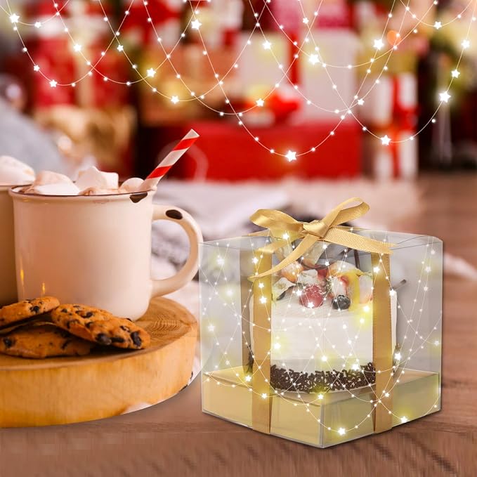 12 PCS Clear Cupcake Boxes 3.5 Inch Cupcake Containers (Gold) | Disposable Cupcake Carrier Plastic Individual Cupcake Storage Holder with Ribbons and Inserts for Wedding, Birthday Party