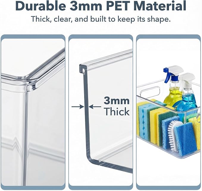 MOONEDGE 4 Pack Clear Plastic Organizer Bins, 2 Large & 2 Small Storage Set | Storage Bins for Pantry, Space-Saving Organizer Containers for Cabinets, Under-Sink, Bathroom, Kitchen, Freezer, Home Storage