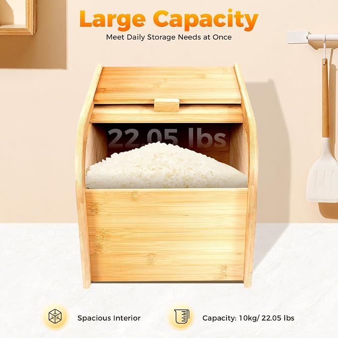 22 lbs Bamboo Rice Storage Container with Sliding Lid & Measuring Cup, Airtight Dry Food Organizer for Kitchen Countertop - Large Capacity Grain Bin for Flour, Nuts, Beans, Pet Food - Natural Wood