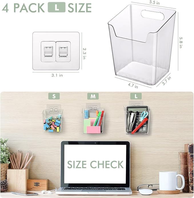 Clear Adhesive Wall Storage Bins, 4 Pack Cabinet Door Organizer Cups(Large) | Clear PET Hanging Wall Mount Pockets, Plastic Caddy for Shower Bathroom Makeup Office Craft Kitchen Sink RV Organization