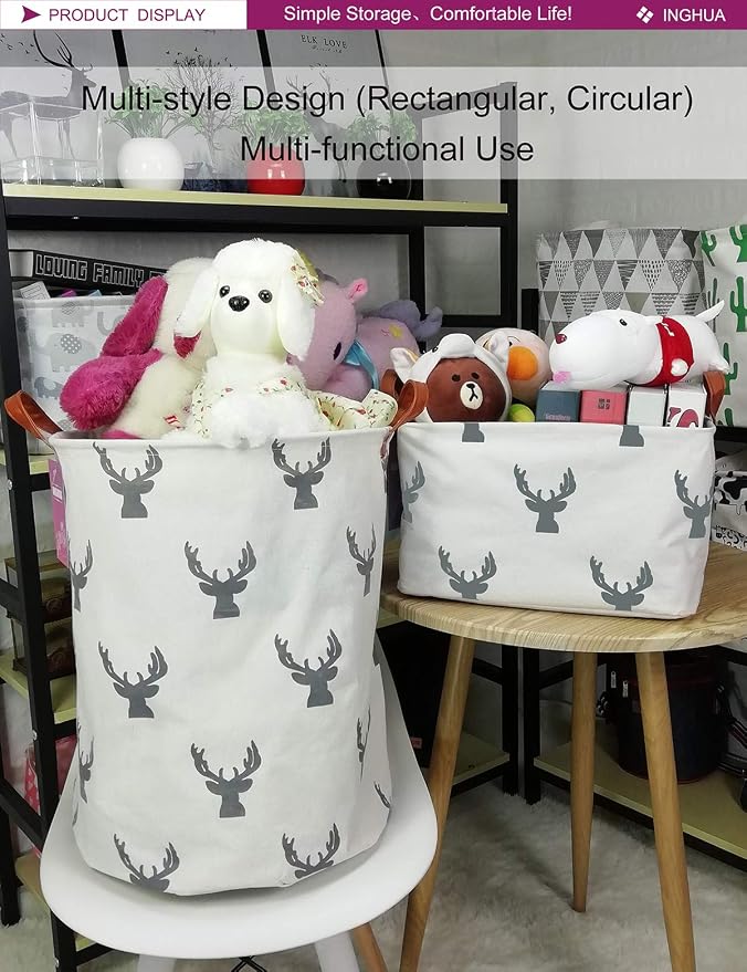 Laundry Hamper Large Canvas Fabric Storage Basket Grey deer | Organizer Bin Dirty Clothes Collapsible Waterproof for College Dorms, Boys and Girls Bedroom,Bathroom