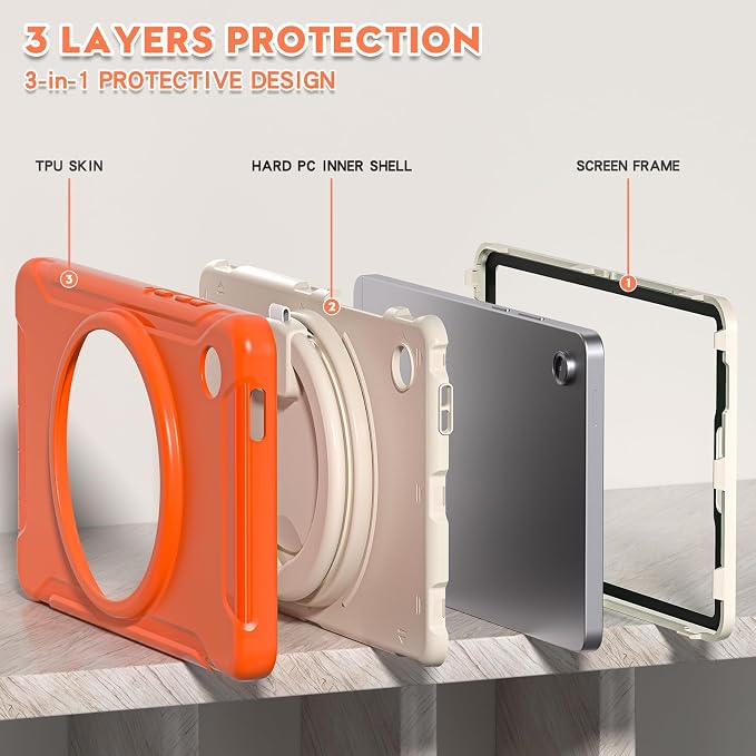 Heavy Duty Shockproof Case for Samsung Galaxy Tab A11 8.7 Inch 2025 (Model: SM-X133/X135/X135F) - with 360° Rotating Stand Handle, Built-in Screen Protector,Kid-Friendly Protective Cover (Orange)
