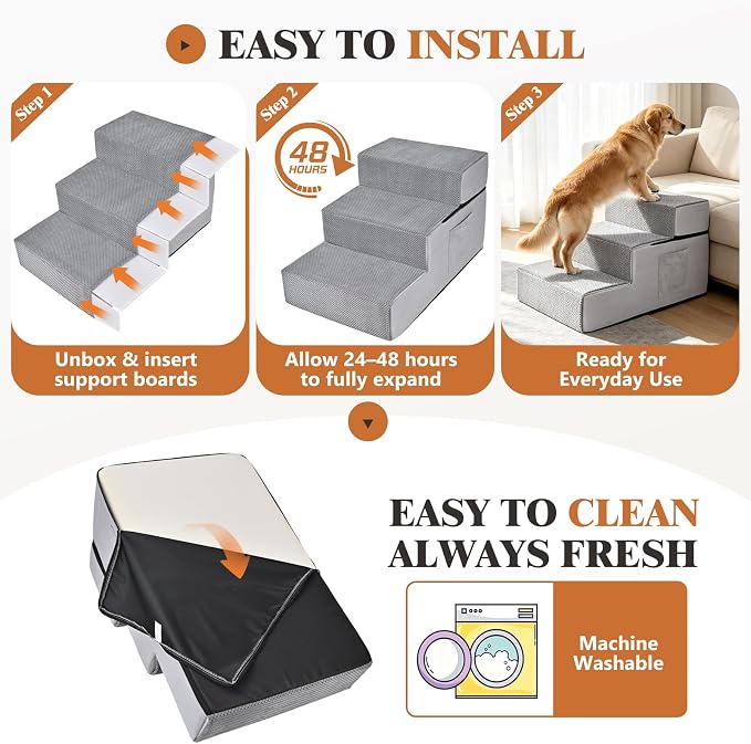 Dog Stairs for High Bed, Dual Reinforced Support Pet Steps for Large Dogs | 18" H Foam Pet Ramp with Storage Pocket, Washable Cover and Anti-Slip Bottom for Easy Climb, Senior Dogs & Cats Up to 120lbs