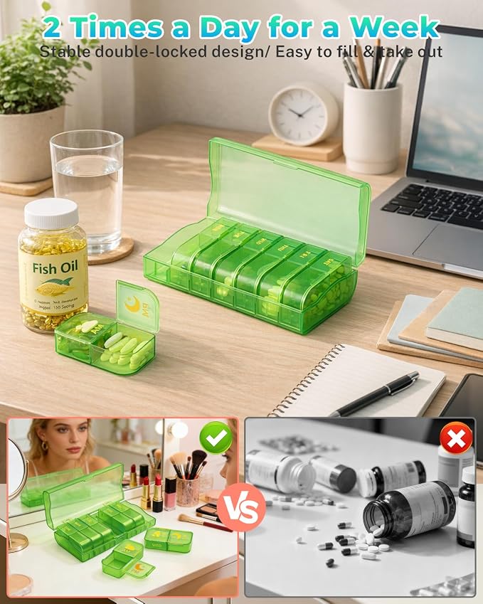 Travel Weekly Pill Organizer 2 Times a Day, 7 Day AM/PM Pill Box, Portable Medication Dispenser with Child-Resistant Latch, BPA-Free, Travel, Office, Pets, Emergency Use (Neon Green)