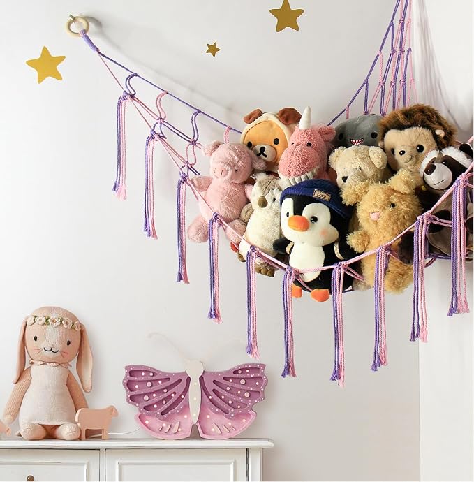 mirolam Large Stuffed Animal Hammock Corner Net for Toys Storage Hanging Stuff Animal Organizer Holder Pink Purle Girls Room Bedroom Boho Nursery Decor