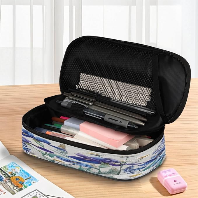Cute Pencil Case for Girls Boys, Watercolorblue Purple Wildflowers Portable Pencil Bags Pouch Pen Case Organizer with Zipper for School College Office