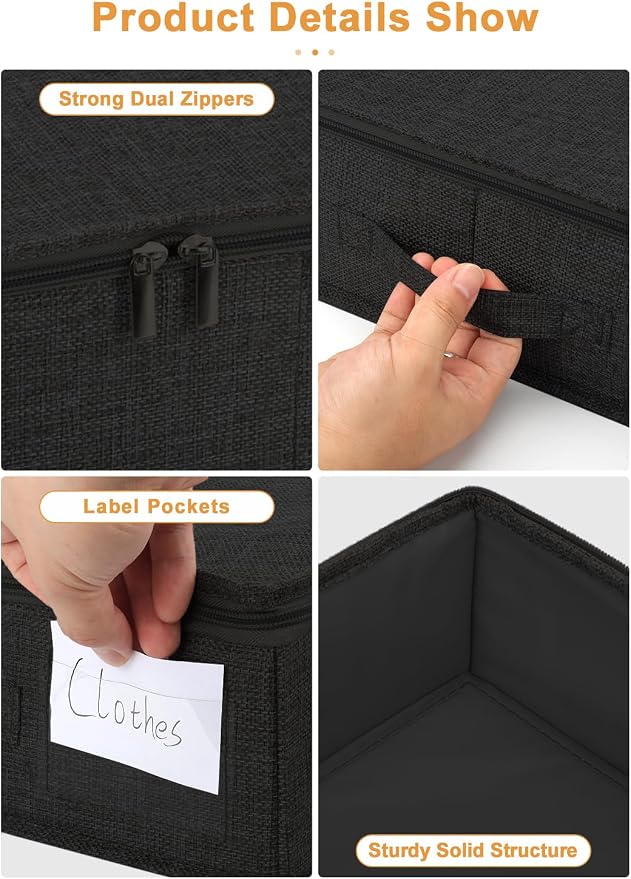 punemi 4.5 in Tall Low Profile Under Bed Storage Containers, 2 Pack, Black | Structured Clothes Organizer Bin with Reinforced Sides & Bottom, Shallow Design for Dorm, Couch, Crib & Closet Storage