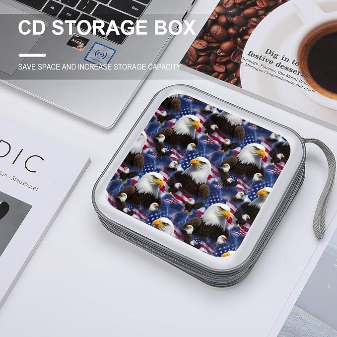 Hard Shell DVD Storage Binder American Flag Cool Bald Eagle, Holds 40 Discs, Portable Wallet with Carry Handle, Organizer for Car Home Office