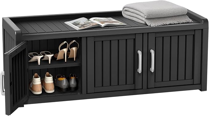 ROJIK Shoe Cabinet Waterproof UV-Resistant,Storage Bench Indoor Outdoor with Adjustable Shelves,for Entryway Bedroom,Hallway,Living Room(3 Door, Black)