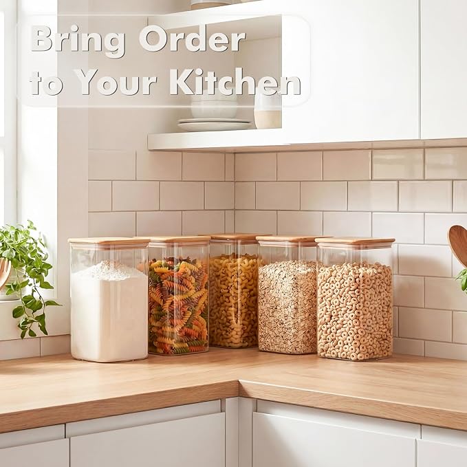 2-Pack 4.6Qt Large Glass Flour Sugar Storage Containers with Lids | Wide Mouth Design, With Measuring Cups, Minimalist Kitchen Organizer,Scandinavian Style Storage,Nordic Style Storage