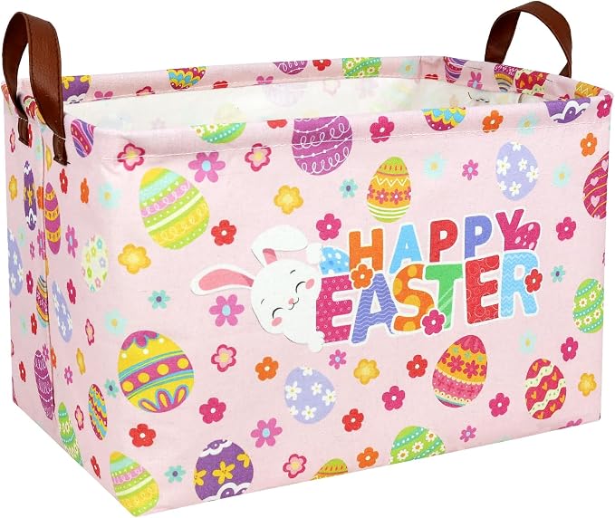 Pink Easter Basket for Kid Large Empty Baby Rectangular Cute Easter Gift Storage Basket Bunny Eggs Décor (Pink Rabbit Flower)