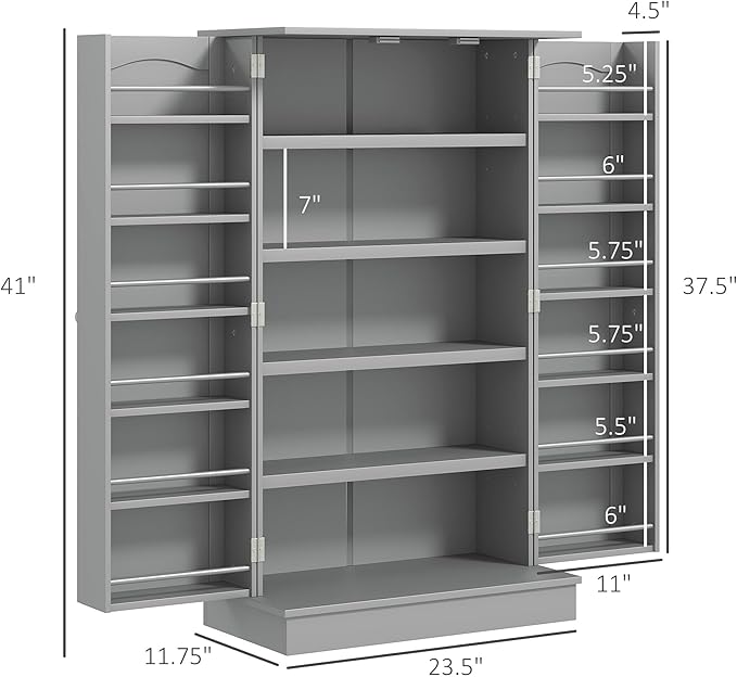 HOMCOM 41" Kitchen Pantry Storage Cabinet 12 Door Shelves Double Doors Gray | Freestanding Kitchen Cabinet, 2 Doors, 5-Tier Shelving, Adjustable Shelves