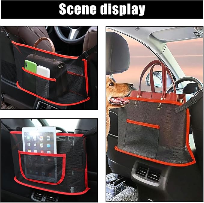 GLSOWEE Handbag Holder for Car, Auto Net Pocket Purse Holder Between Front Seats, Storage Organizer, Universal Accessories for Women and Men, Pet/Kids Barrier (Red)