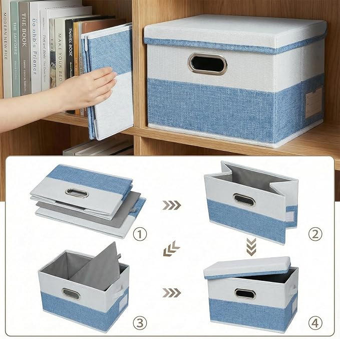 Storage Bins with Lids [3-Pack] Linen Fabric Foldable Storage Boxes Organizer Containers Baskets Cube with Cover for Bedroom Closet Office Blue&White（11.4X8.6X6.7