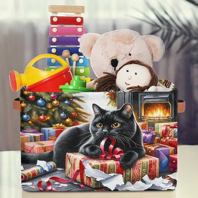 Pardick Christmasxmas Cat Basket Storage Bins Large Fabric Toys Storage Cube Box with Handles Collapsible Closet Shelf Cloth Organizer Basket for Nursery Bedroom Bathroom Holiday Gift