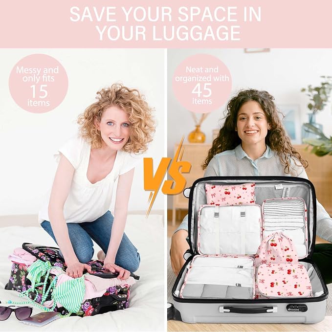 KPX 8 Set Packing Cubes for Travel, Luggage Packing Organizers Accessories Large Toiletries Bag for Clothes Shoes Cosmetics (8Set-Cherry & Bow)