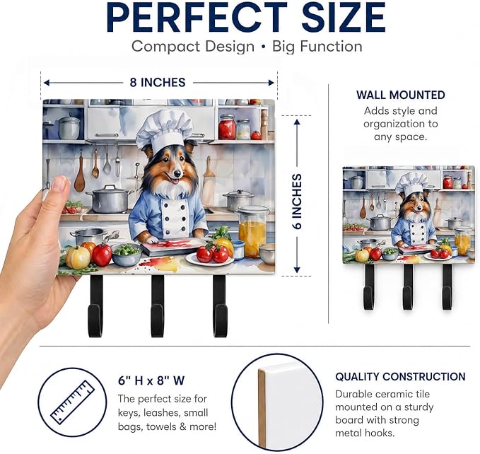 Caroline's Treasures Sheltie The Chef Leash or Key Holder Wall Hooks, Key Hooks Holder, Coat Rack Wall Mount, Coat Hooks, Hooks for Hanging Keys, Towels, Aprons, Leashes | Sheltie The Chef artwork on ceramic tile with three steel hooks for keys, leashe...