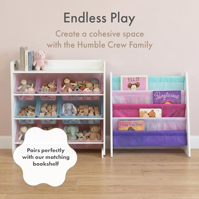 Humble Crew Kids Toy Organizer with Display Shelf, 9 Bins, 3 Tier Storage | Sturdy wood and steel toddler shelf, removable BPA-free containers, wall anchor anti-tip safety kit for bedroom or classroom
