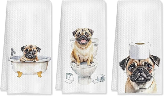 Pug Decor Kitchen Towels, Set of 3, 16x24 Inch, Cotton, Rustic, Absorbent & Quick-Drying, Multi-Purpose, Gift Idea