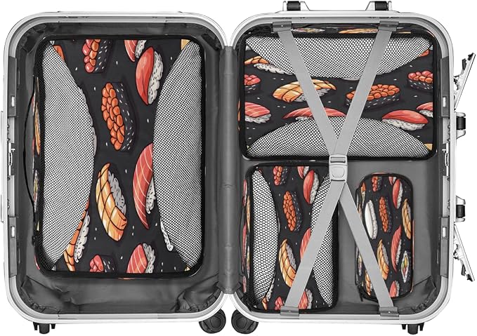 Sushi 4 Set Travel Packing Cubes for Accessories, Suitcase Organizers Luggage Bags Set with Double Zippers & Mesh Top