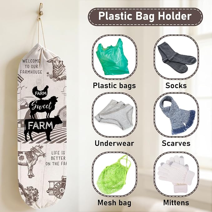 2Pcs Farmhouse Plastic Bag Holder for Kitchen Essentials, Reusable Hanging Grocery Bag Organizer, Washable Large Grocery Trash Bags Storage Dispenser, Farmhouse Home Decor