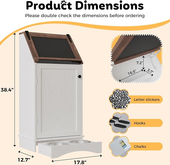 Dog Food Feeding Station Storage with Bowls, Pet Food Storage Cabinet with Flip-Top Blackboard, Hidden Trash Can, Pet Organizer Cabinet for Dog and Cat