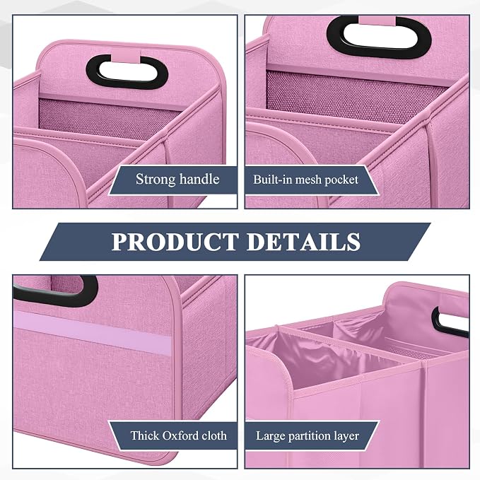 Car Trunk Organizer, Foldable Car Trunk Storage Box with 2 Compartments & Mesh Pocket, Large Capacity, Portable with Handle, Collapsible Backseat Storage Organizer for SUV Truck Sedan (Pink)