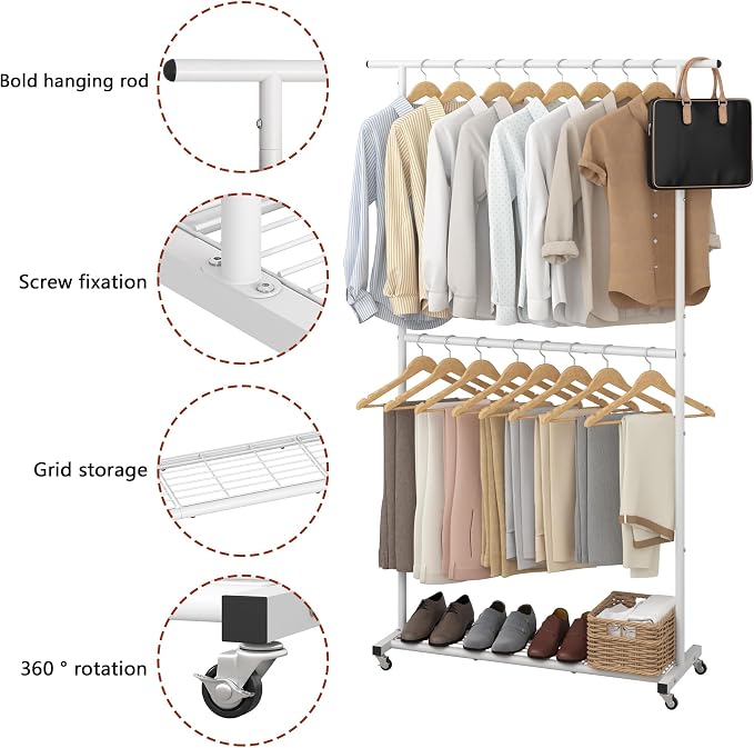 Sywhitta Double Rod Metal Clothing Rack on Wheels with Bottom Mesh,White | Rolling Garment Organizer, for Hanging Clothes,Coats,Easy to Assemble,Space-Saving,Mobile Organizer for Closet