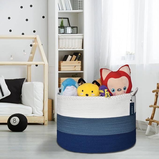 COMSE XXXLarge Woven Blanket & Laundry Basket, 87L, White & Blue | 21.7" x 13.8", Cotton Rope, Nursery Hamper for Storage of Toys Clothes Towels, Ideal for Living Room Bedroom Bathroom