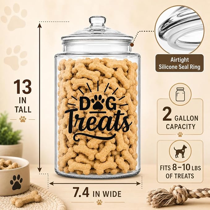 2-Gallon Dog Treat Container Airtight – Large Glass Jar for Countertop, Stylish Dog Treats Container & Dog Cookie Jar, Perfect Dachshund Accessories & Dog Treat Storage