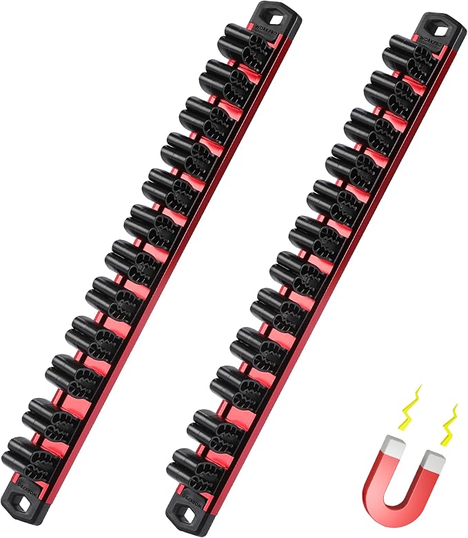 WORKPRO Magnetic Screwdriver and Wrench Organizer Set, 24-Slot Tool Holders | 2-Pack Aluminum Rails, Magnetic Force, Flexible High-Tension Tool Clips, For Tool Box Drawer & Wall-Mount Storage