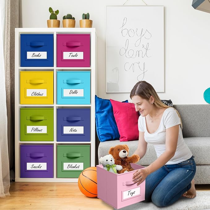 Teenyyou 10 Pack Fabric Storage Cubes 11 Inch Collapsible Cube Bins with Label Window & Handle Foldable Organizers Baskets for Shelf Closet Nursery Kids Room Clothes Book Toy(Candy)