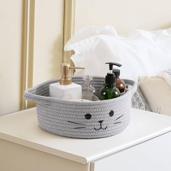 Small Woven Rope Cat Toy Basket with Cat Face Design, Grey | 9.8" x 4" Cute Toy Storage Bin for Living Room & Nursery, Pet Gift Basket Empty with Sturdy Handles