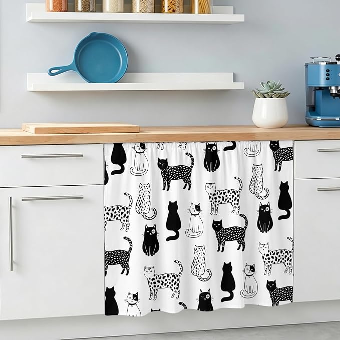 Cat Animal Sink Skirt 11"Wx13"L,Dustproof Under Sink Curtain with Self Adhesive Tape,Black White Earthy Tone Pet Modern Minimalist Cabinet Curtain Cover for Bathroom Vanity,Kitchen Storage Shelf